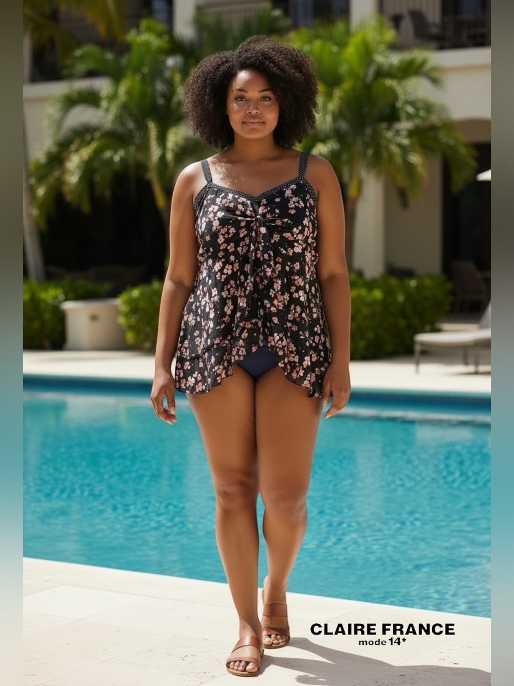 Claire France, 3X Floral Swim Tankini Top Plus Size Built-In Bra, Navy, Pink